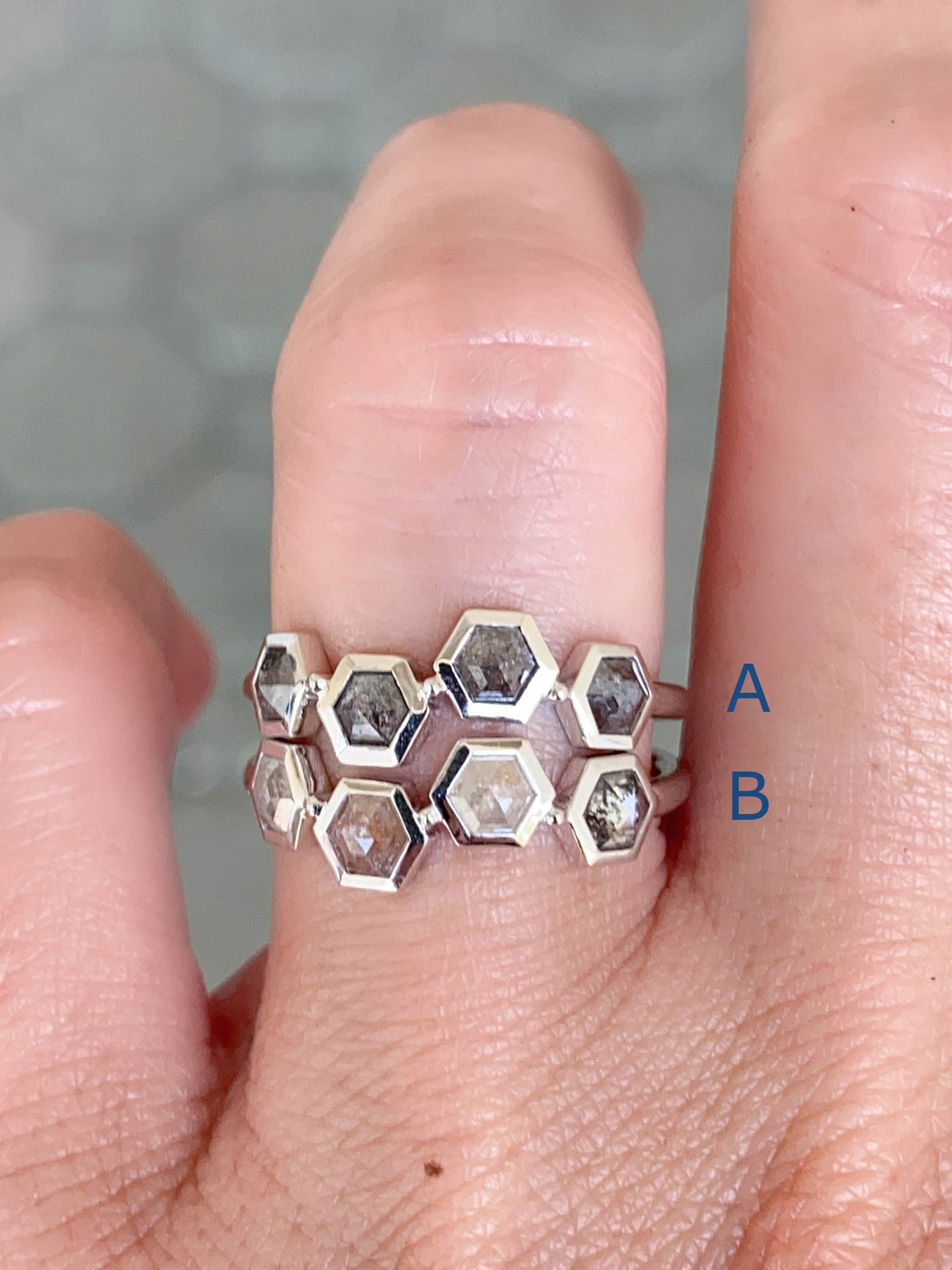 Hexagon Shaped Salt and Pepper Diamond 14K White Gold Wedding Band R6570 Aurora Designer