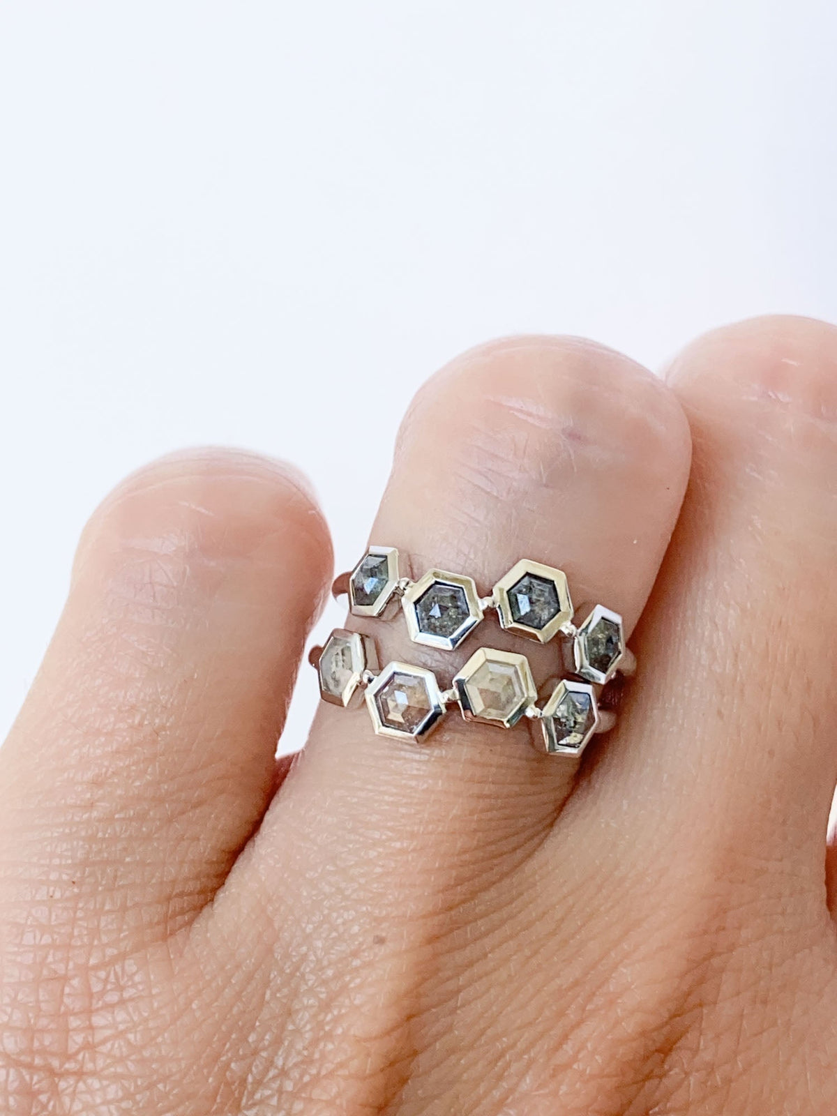 Hexagon Shaped Salt and Pepper Diamond 14K White Gold Wedding Band R6570 Aurora Designer