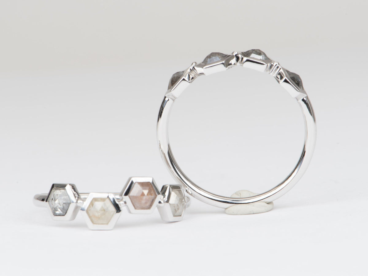 Hexagon Shaped Salt and Pepper Diamond 14K White Gold Wedding Band R6570 Aurora Designer