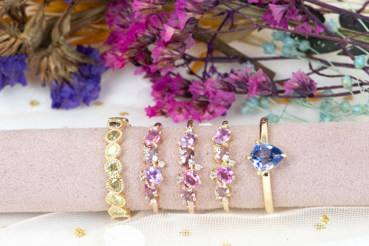 Padparadscha Color Pink Orange Sapphire and Diamond Cluster Wedding Band 14K Gold R6566 Aurora Designer