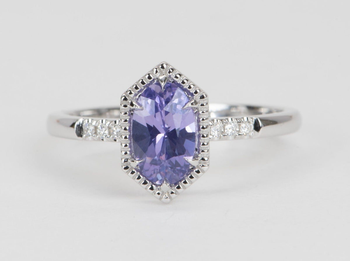 Elongated Lavender Purple Sapphire 14K White Gold Engagement Ring R6574 Aurora Designer