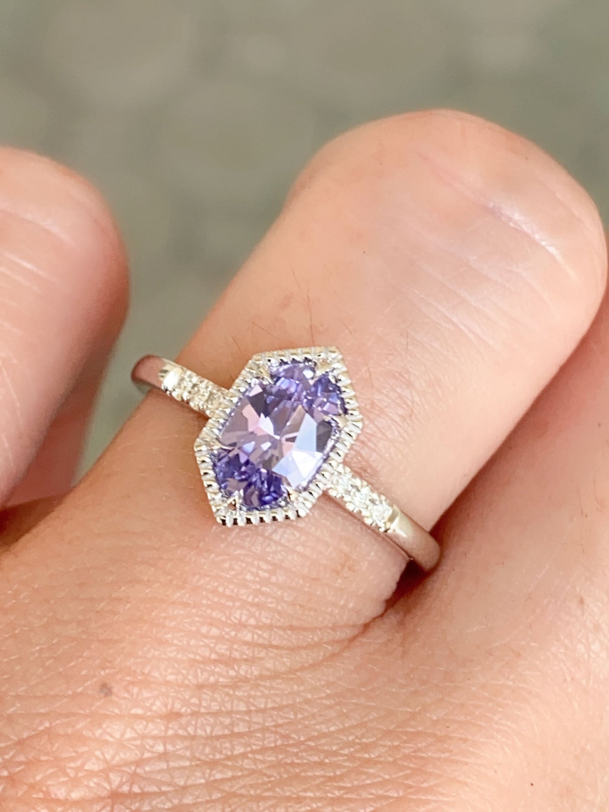 Elongated Lavender Purple Sapphire 14K White Gold Engagement Ring R6574 Aurora Designer