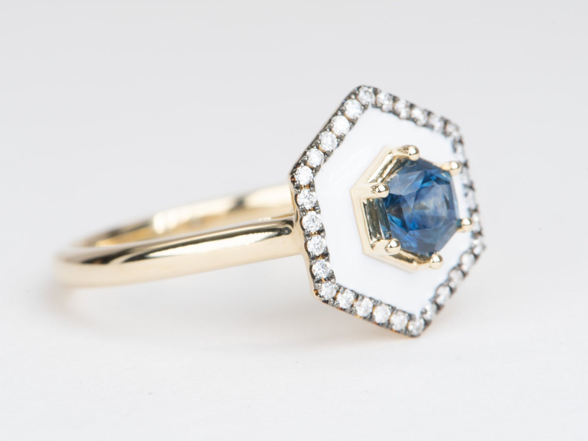 Hexagon Montana Sapphire Unique Halo Engagement Ring 14K Gold R6579 Aurora Designer