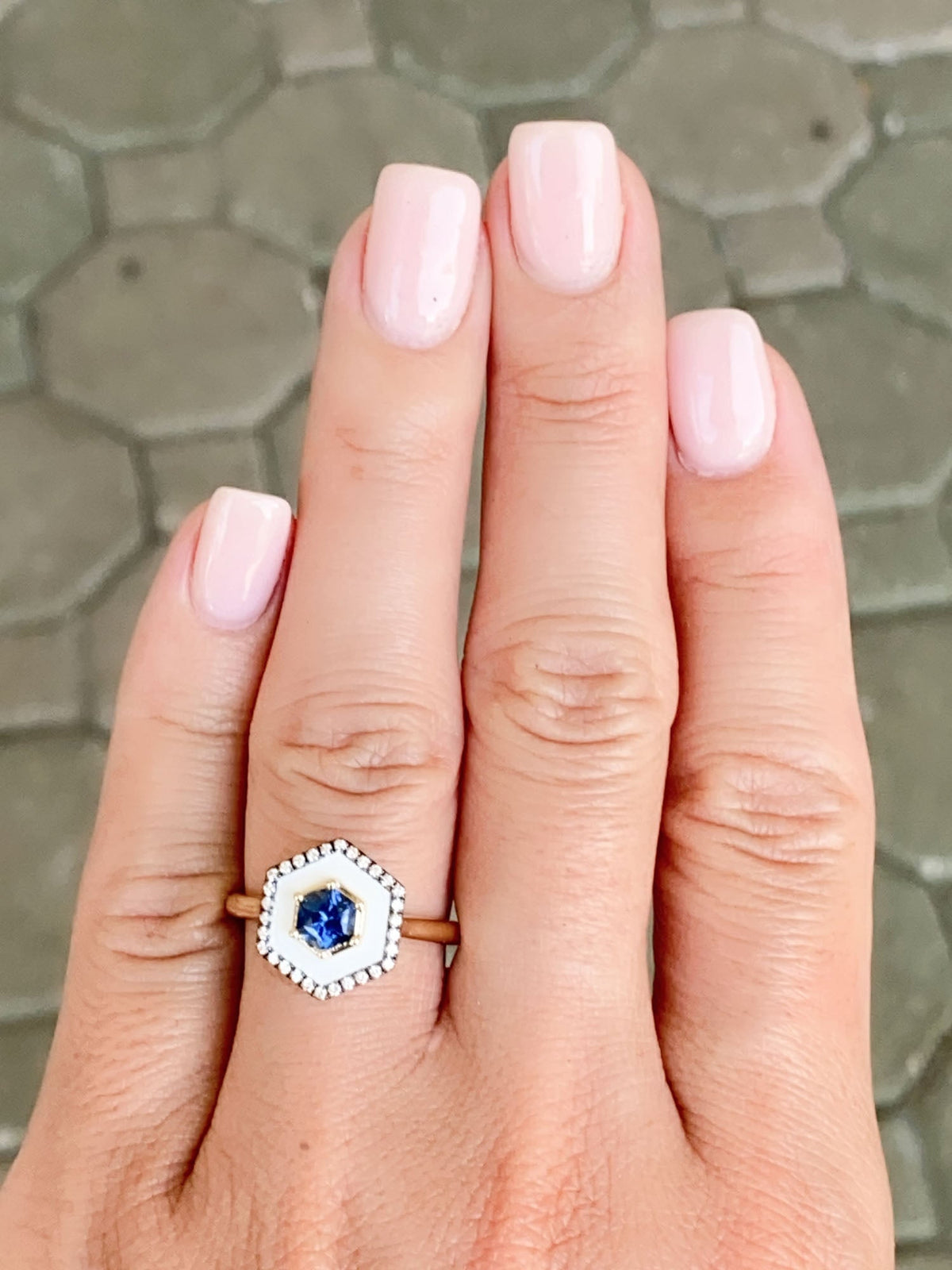 Hexagon Montana Sapphire Unique Halo Engagement Ring 14K Gold R6579 Aurora Designer