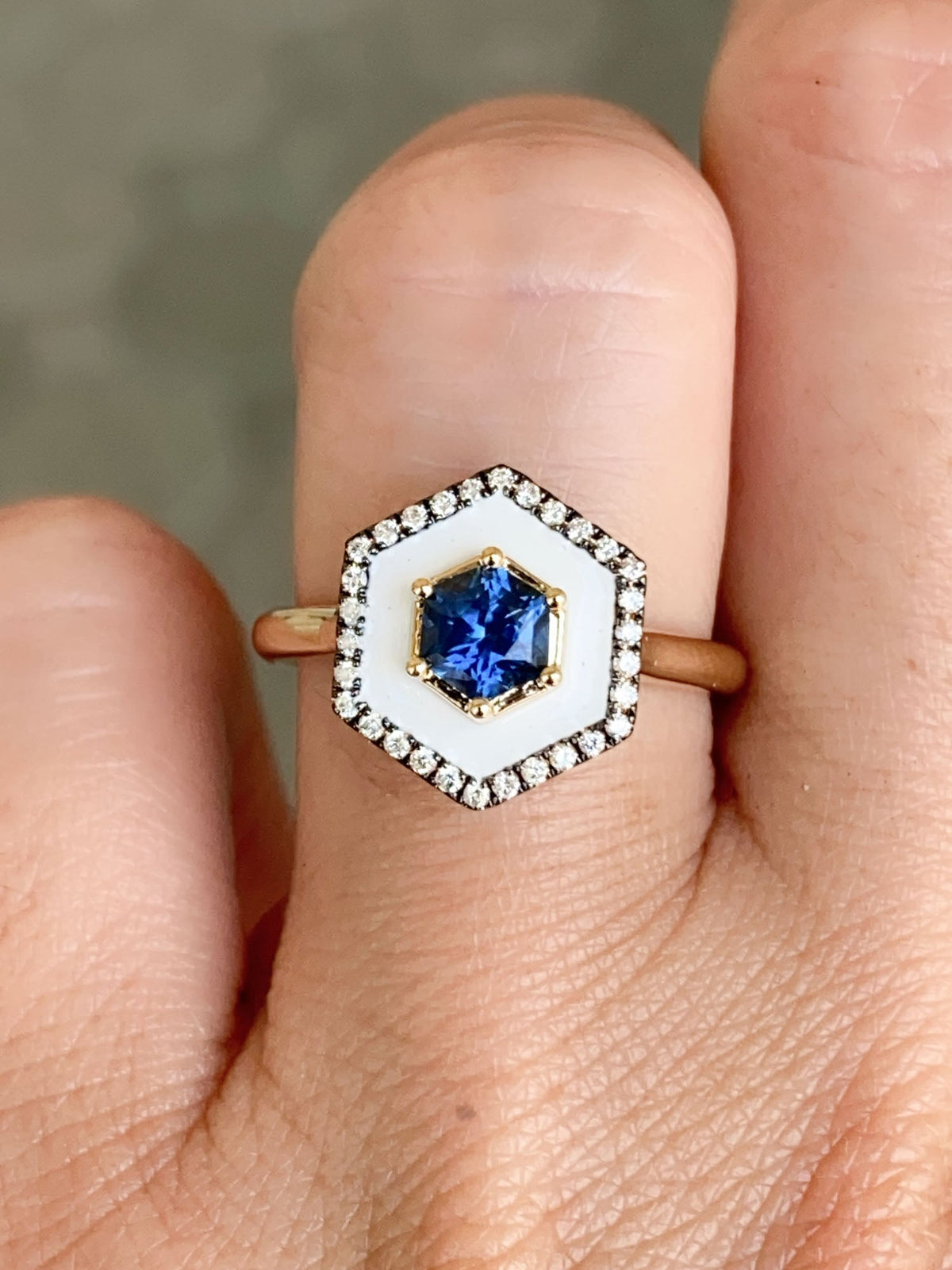 Hexagon Montana Sapphire Unique Halo Engagement Ring 14K Gold R6579 Aurora Designer