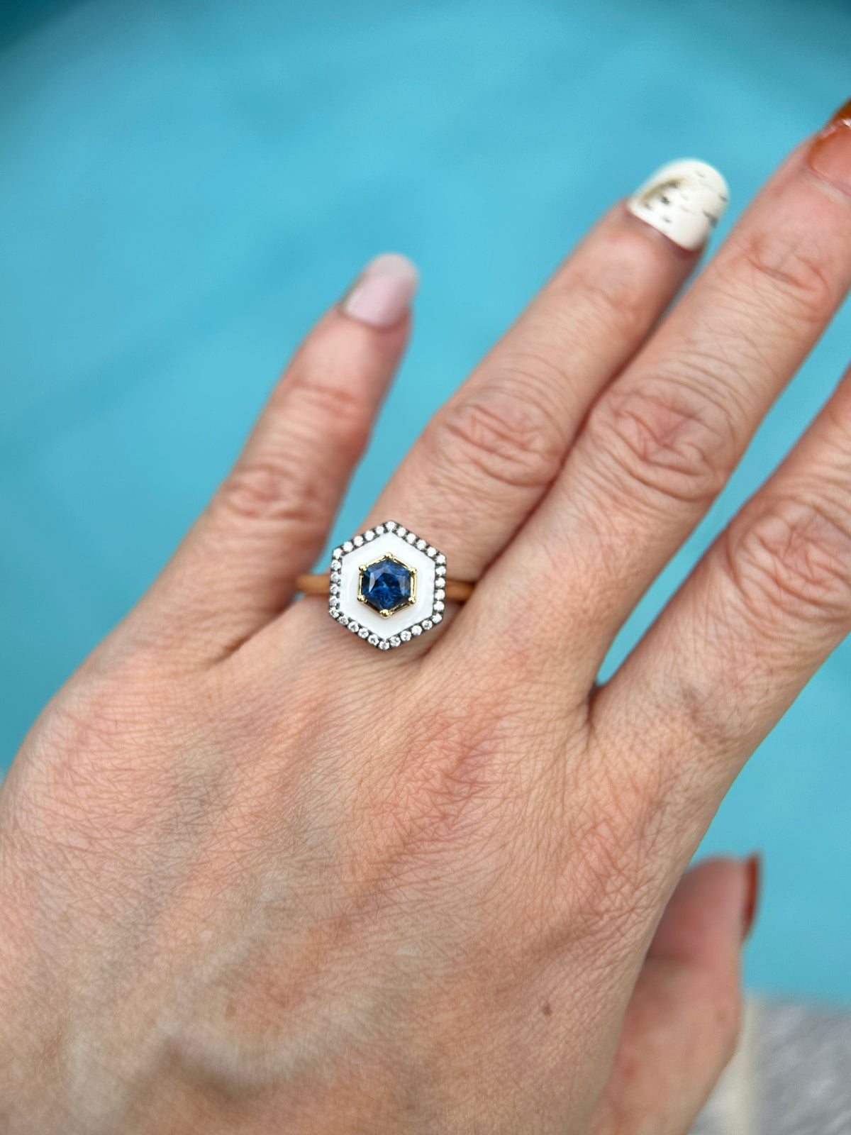 Hexagon Montana Sapphire Unique Halo Engagement Ring 14K Gold R6579 Aurora Designer