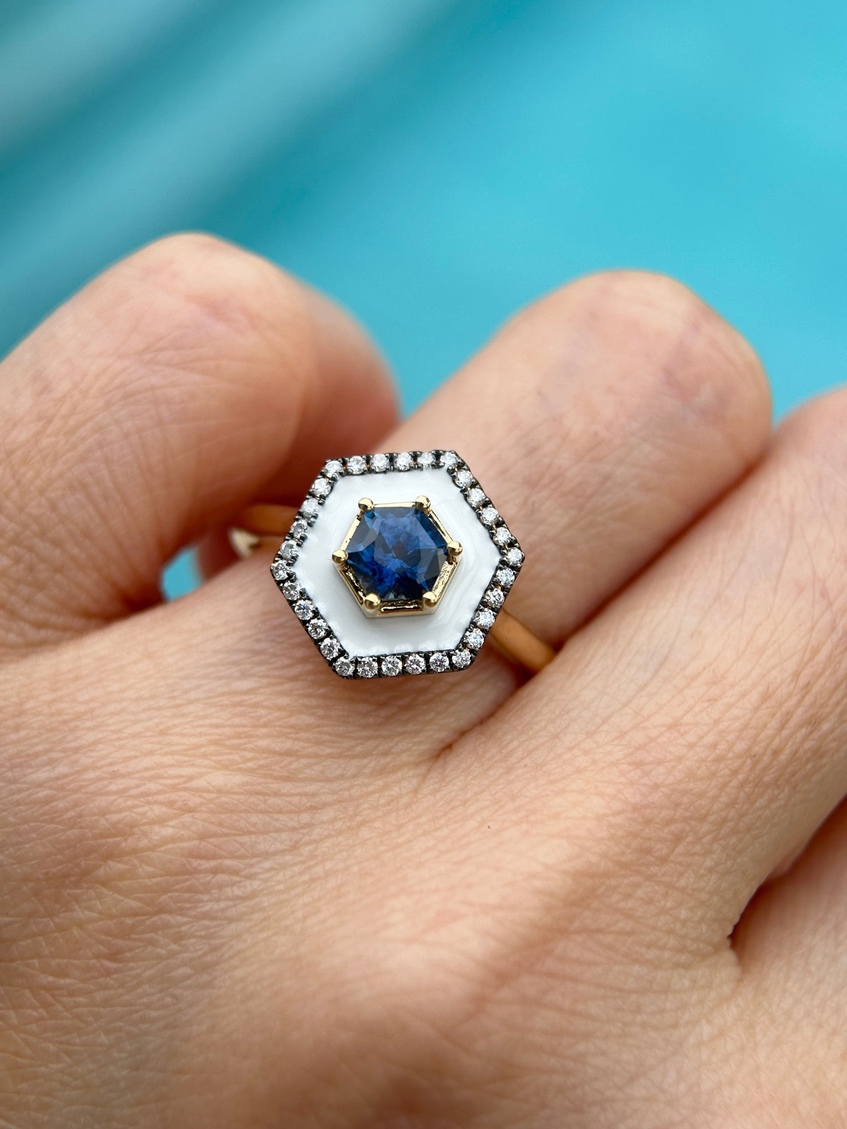 Hexagon Montana Sapphire Unique Halo Engagement Ring 14K Gold R6579 Aurora Designer