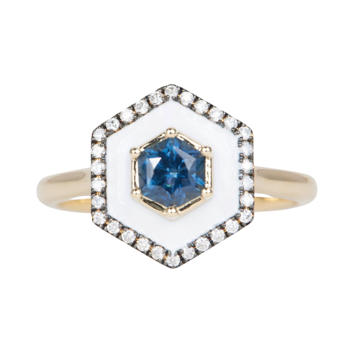 Hexagon Montana Sapphire Unique Halo Engagement Ring 14K Gold R6579 Aurora Designer