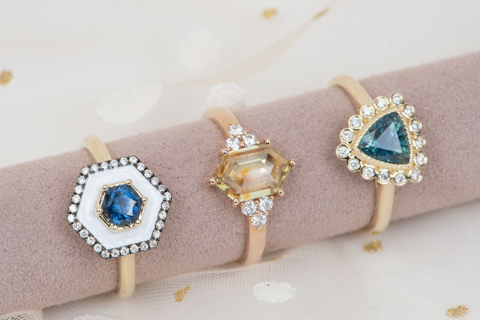 1.47ct Teal Blue Trillion Sapphire with Diamond Halo Engagement Ring 14K Gold R6581 Aurora Designer