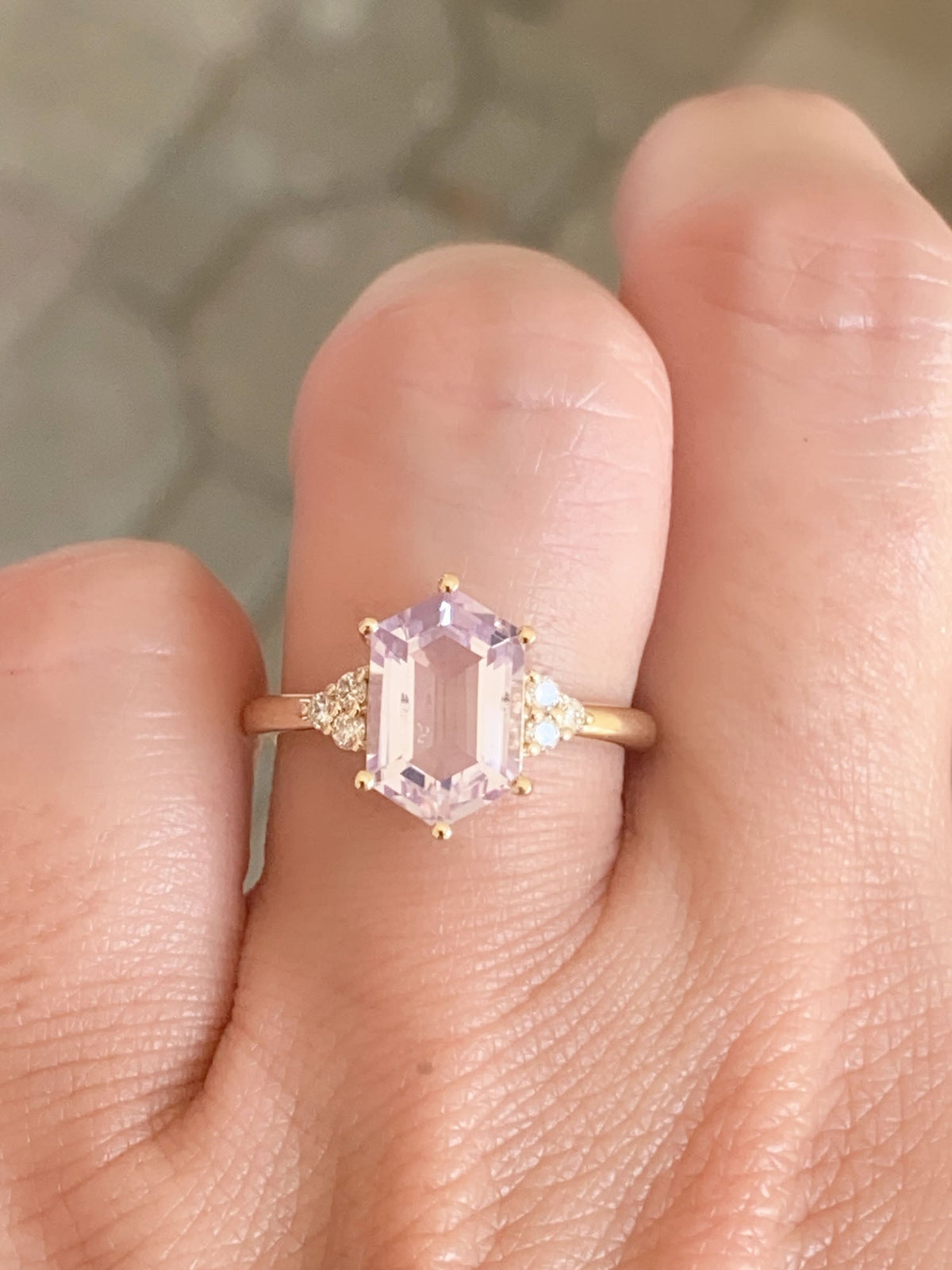 2.24ct Lavender Quartz with Diamond Sides Engagement Ring 14K Gold R6580 Aurora Designer