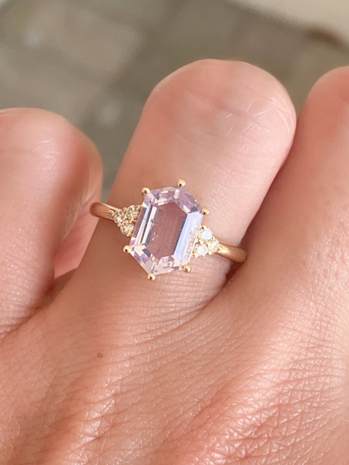 2.24ct Lavender Quartz with Diamond Sides Engagement Ring 14K Gold R6580 Aurora Designer
