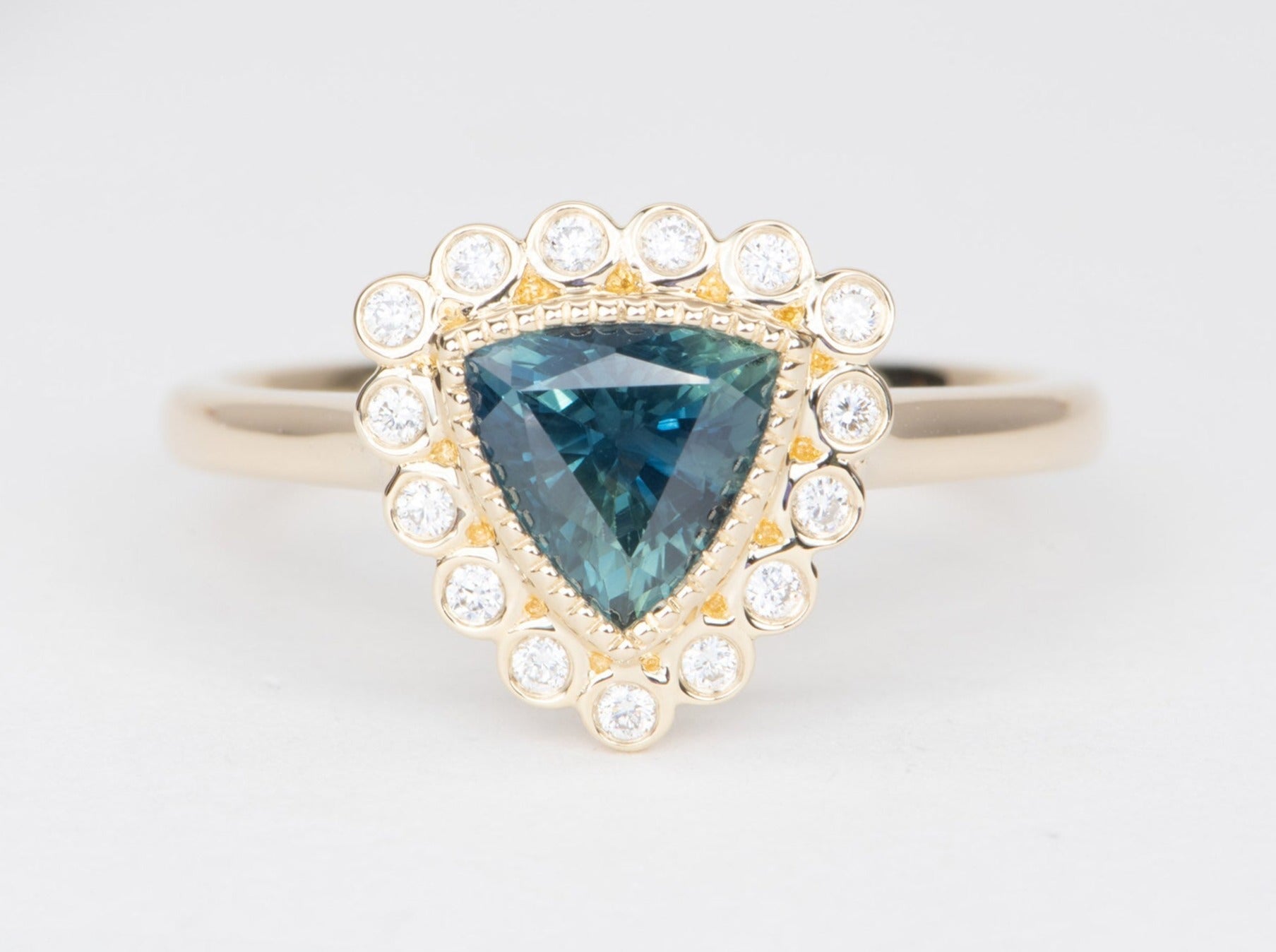 1.47ct Teal Blue Trillion Sapphire with Diamond Halo Engagement Ring 14K Gold R6581 Aurora Designer