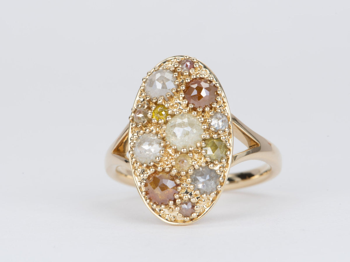 2.59ct Rose Cut Diamond Cluster Ring 14K Yellow Gold Navette R6583 Aurora Designer