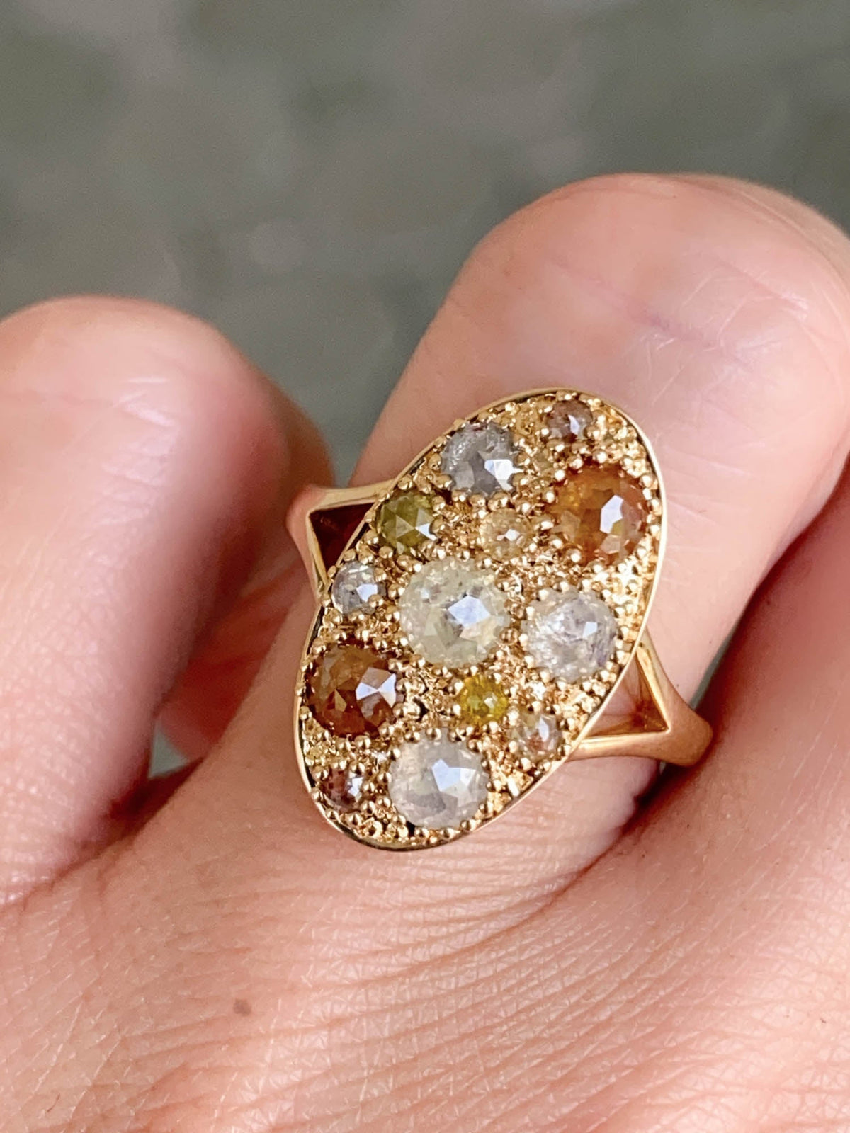 2.59ct Rose Cut Diamond Cluster Ring 14K Yellow Gold Navette R6583 Aurora Designer