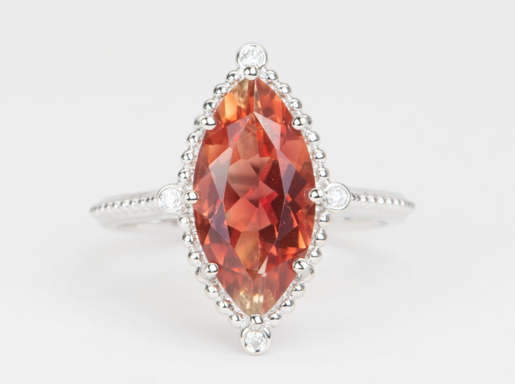 3.25ct Bright Red Oregon Sunstone with Diamonds 14K White Gold Engagement Ring Aurora Designer