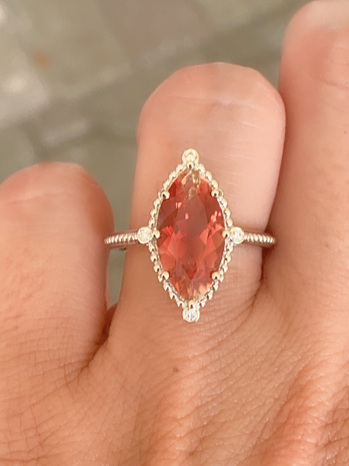 3.25ct Bright Red Oregon Sunstone with Diamonds 14K White Gold Engagement Ring Aurora Designer