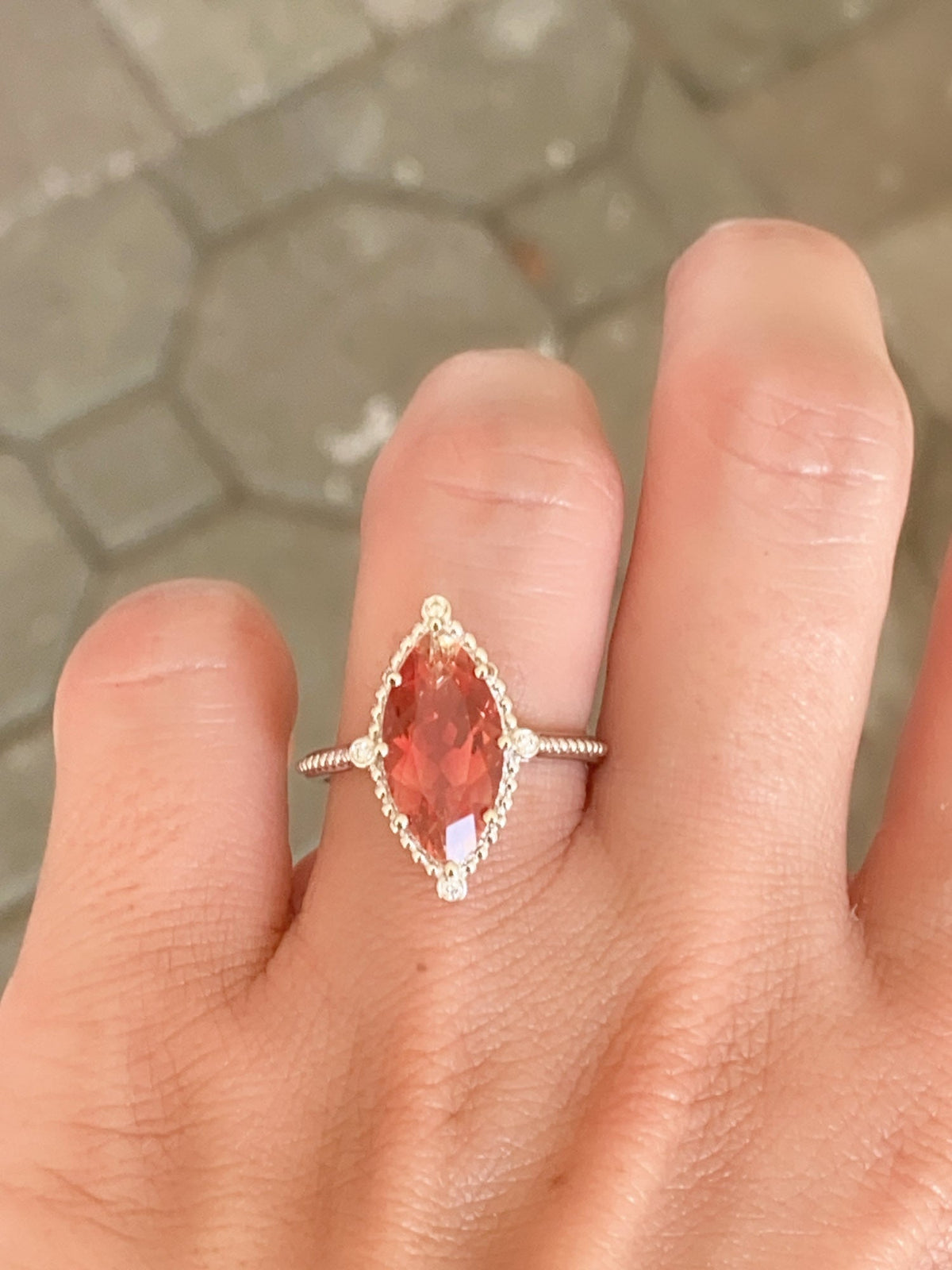 3.25ct Bright Red Oregon Sunstone with Diamonds 14K White Gold Engagement Ring Aurora Designer