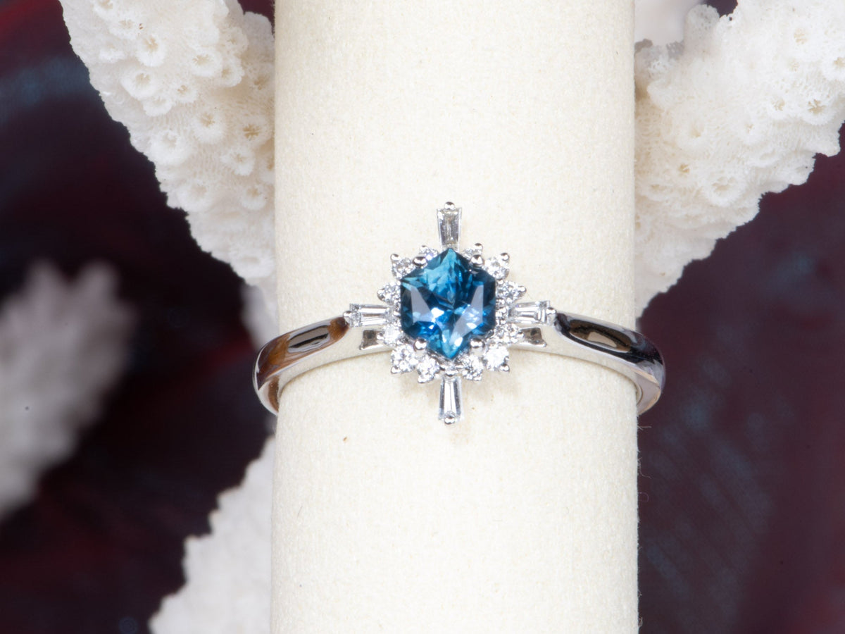 Hexagon Shape Montana Sapphire with Diamond Halo Engagement Ring 14K White Gold R6585 Aurora Designer