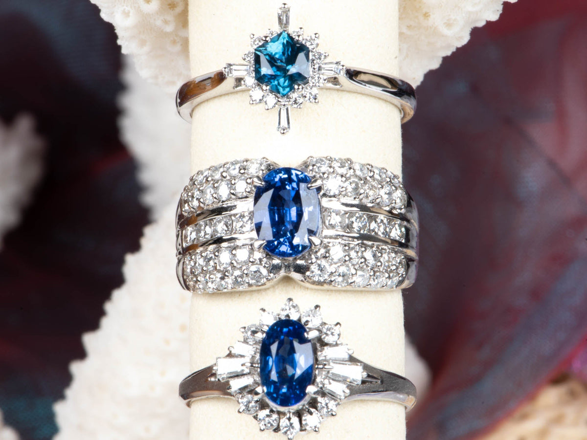 Hexagon Shape Montana Sapphire with Diamond Halo Engagement Ring 14K White Gold R6585 Aurora Designer