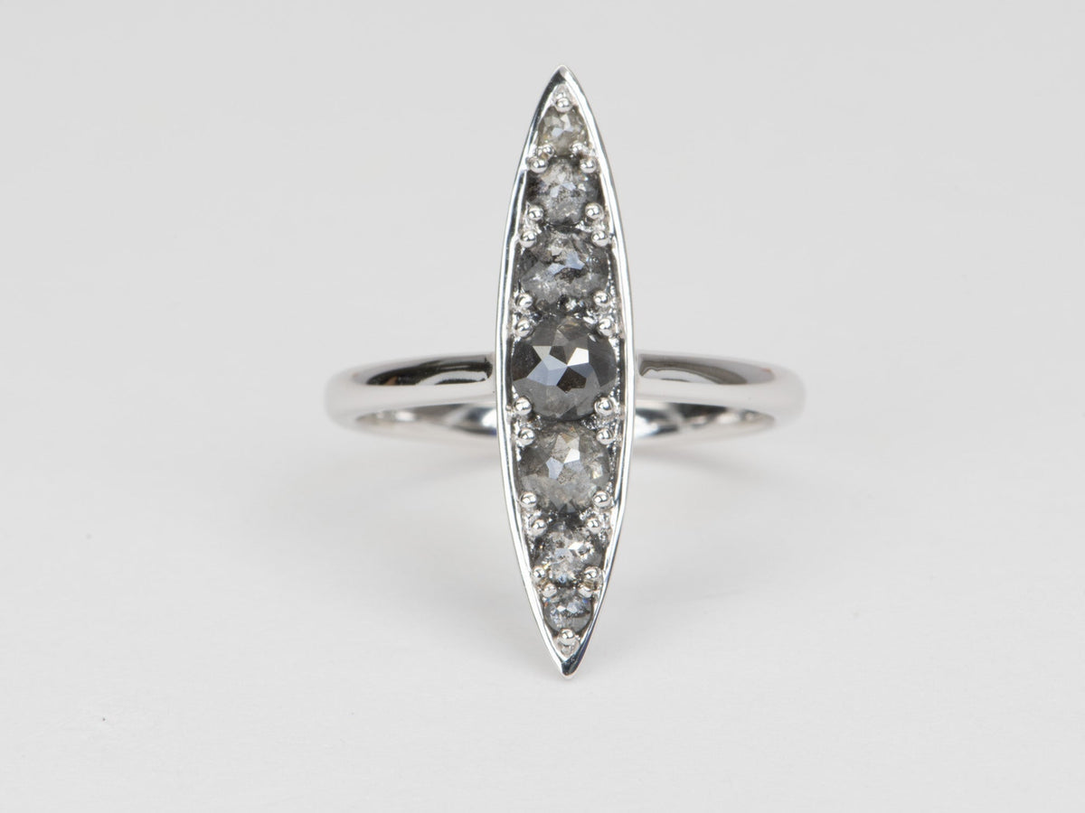 1.24ct Rose Cut Salt and Pepper Diamond Navette Ring 14K White Gold R6587 Aurora Designer