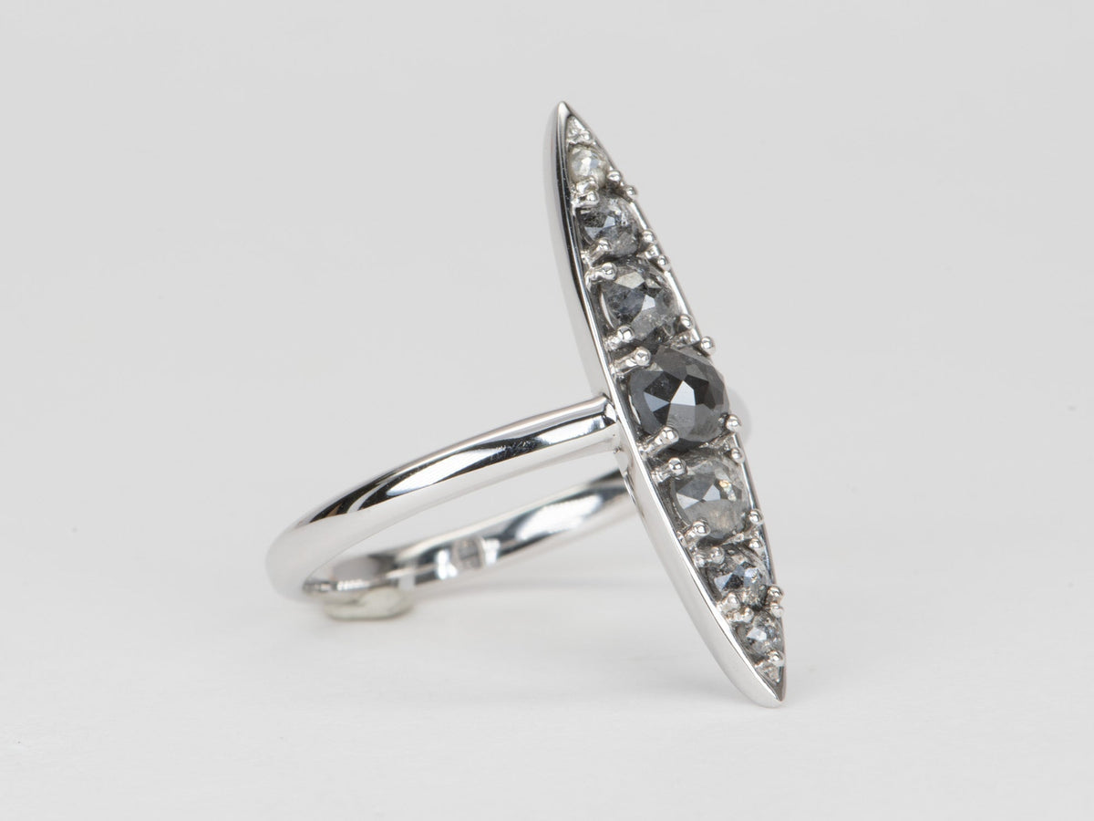 1.24ct Rose Cut Salt and Pepper Diamond Navette Ring 14K White Gold R6587 Aurora Designer