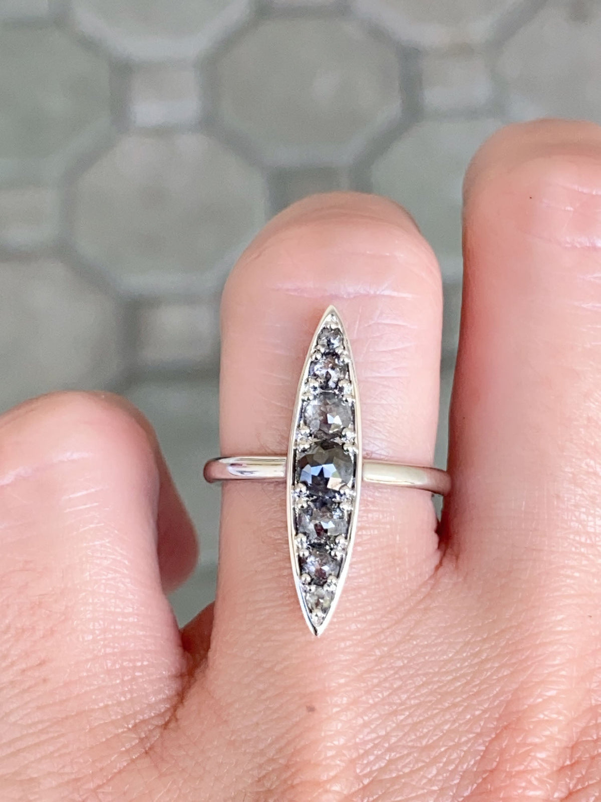 1.24ct Rose Cut Salt and Pepper Diamond Navette Ring 14K White Gold R6587 Aurora Designer