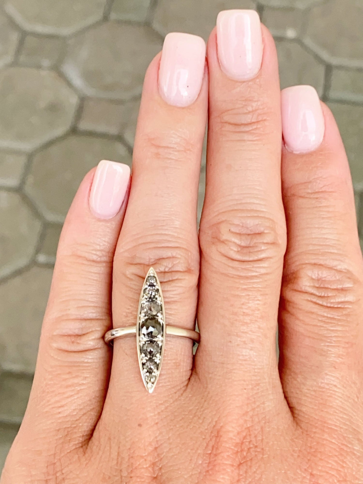 1.24ct Rose Cut Salt and Pepper Diamond Navette Ring 14K White Gold R6587 Aurora Designer