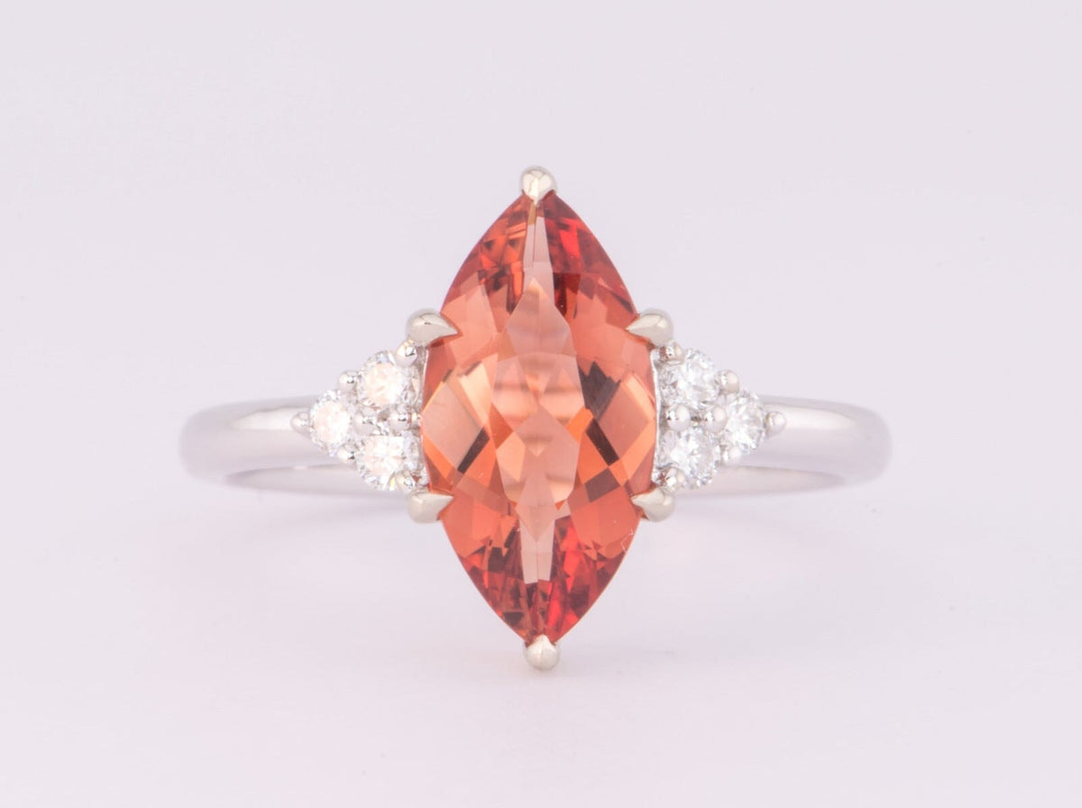 1.69ct Deep Red Oregon Sunstone with Trio Diamonds 14K White Gold Engagement Ring R6588 Aurora Designer