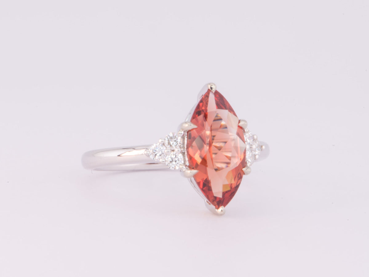1.69ct Deep Red Oregon Sunstone with Trio Diamonds 14K White Gold Engagement Ring R6588 Aurora Designer