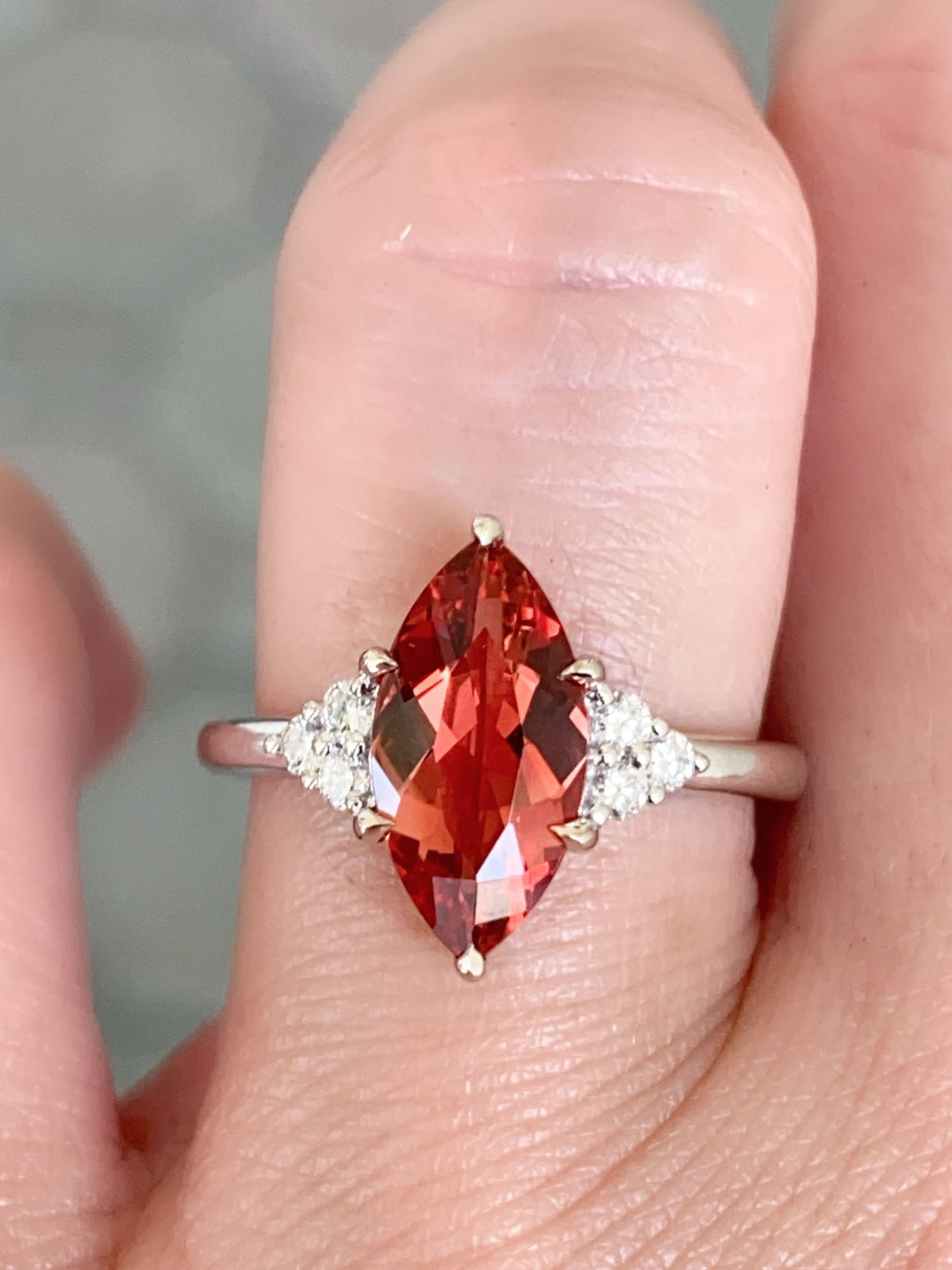 1.69ct Deep Red Oregon Sunstone with Trio Diamonds 14K White Gold Engagement Ring R6588 Aurora Designer