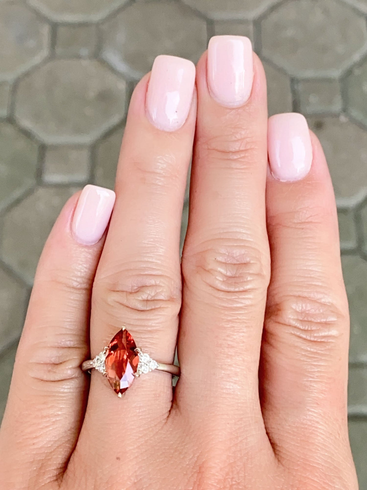 1.69ct Deep Red Oregon Sunstone with Trio Diamonds 14K White Gold Engagement Ring R6588 Aurora Designer