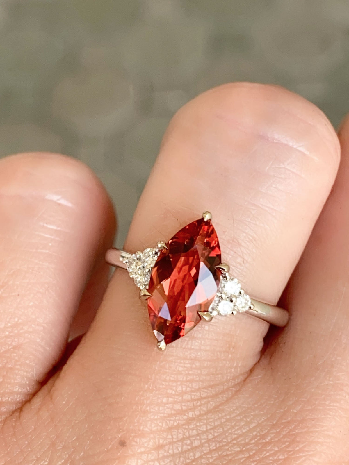 1.69ct Deep Red Oregon Sunstone with Trio Diamonds 14K White Gold Engagement Ring R6588 Aurora Designer
