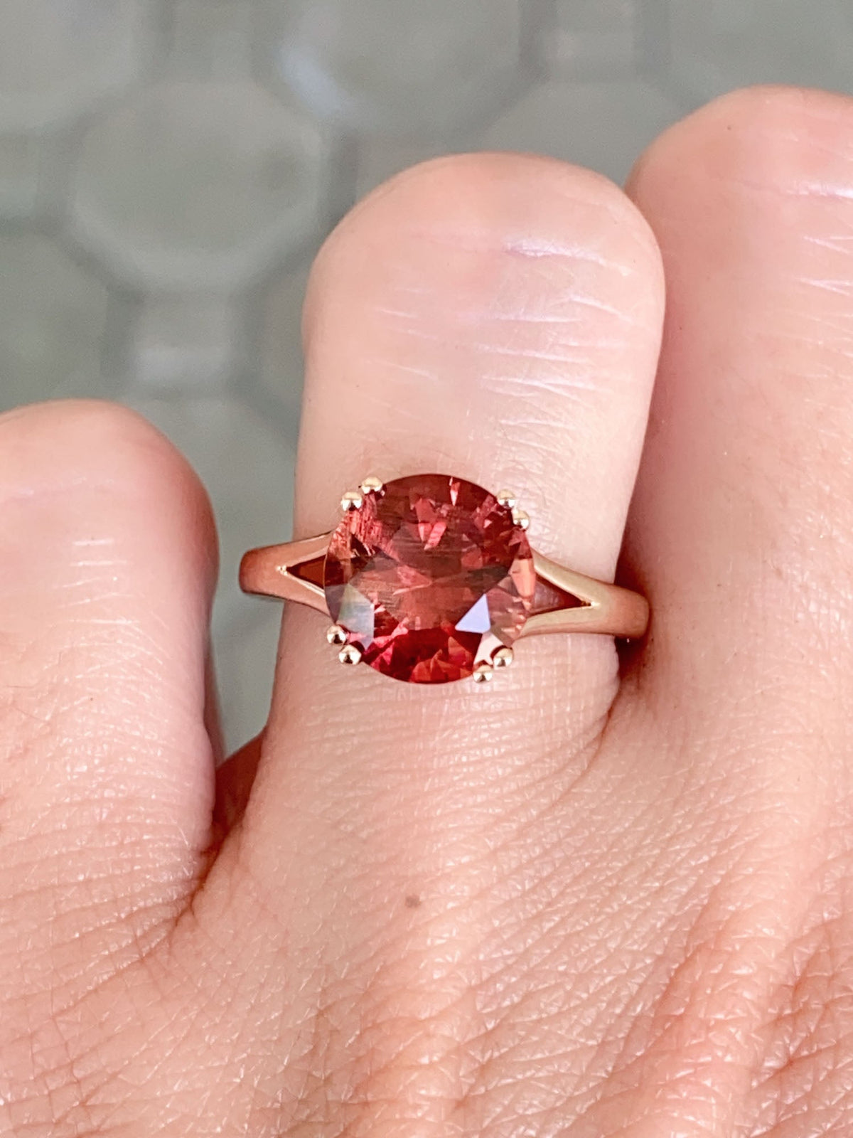 3.12ct Deep Red Oregon Sunstone with Double Prongs Engagement Ring 14K Rose Gold R6590 Aurora Designer