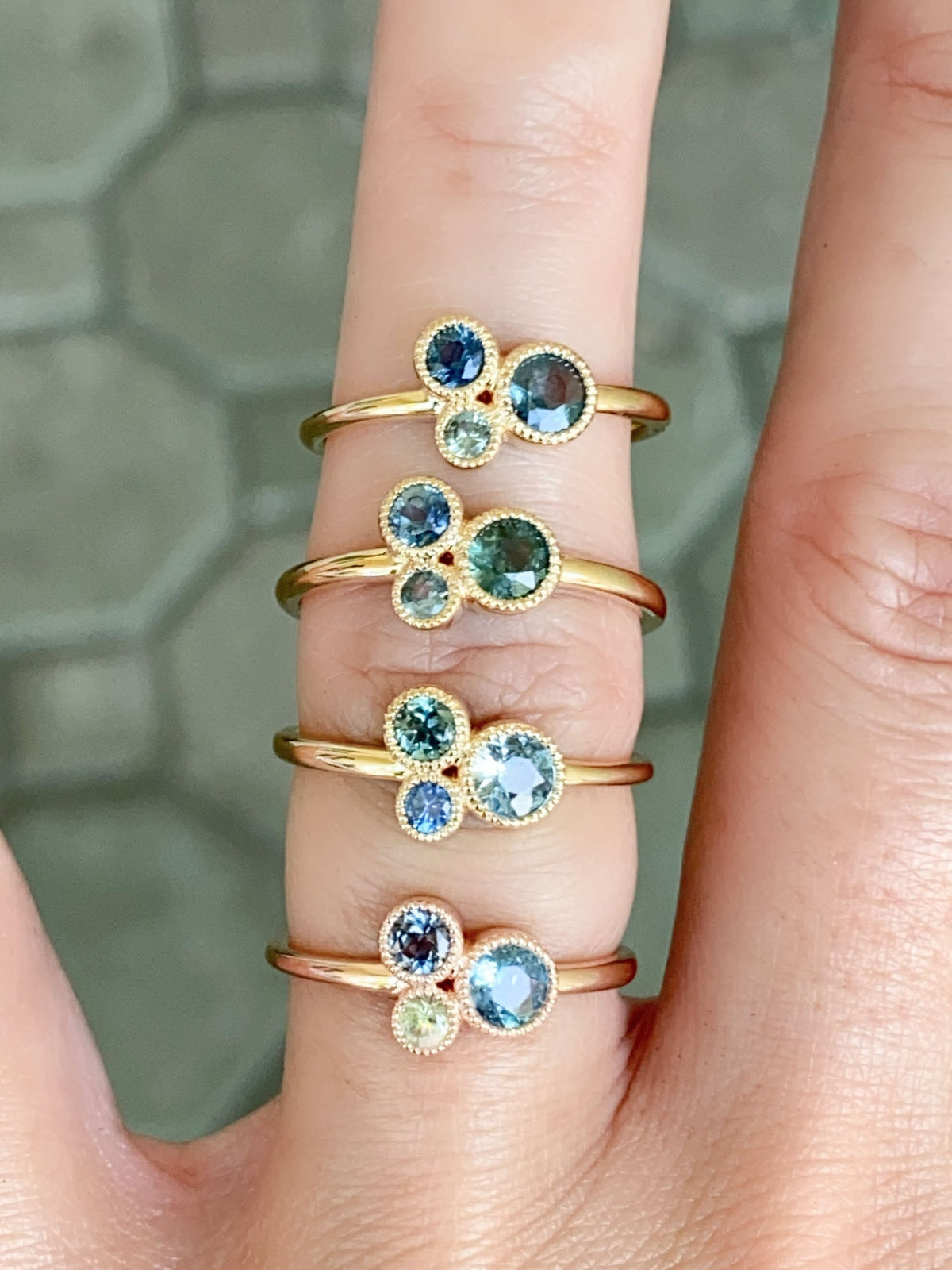 Trio Montana Sapphires Milgrain Bezel Set Stacking Ring 14K Gold R6591 Aurora Designer