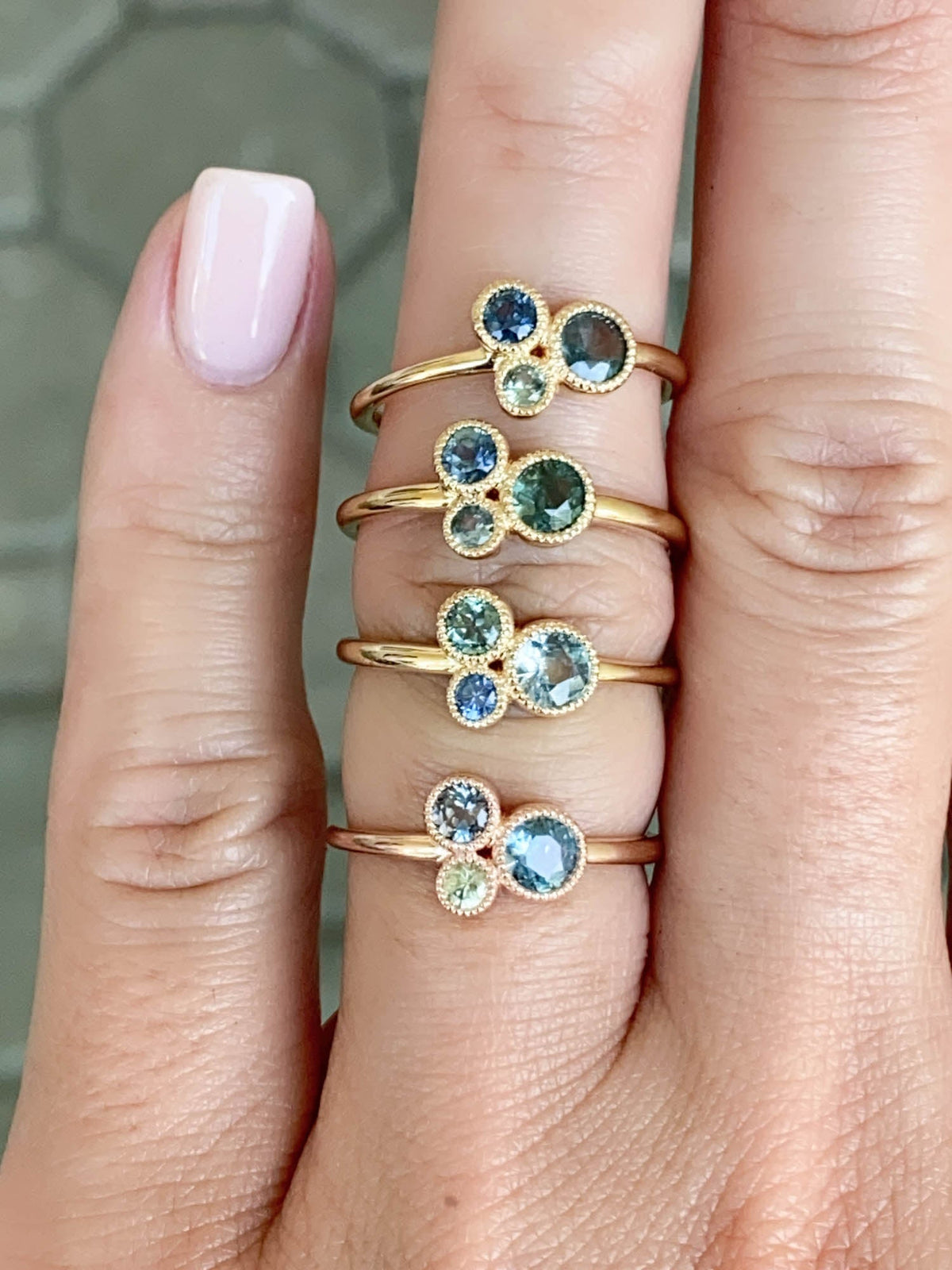 Trio Montana Sapphires Milgrain Bezel Set Stacking Ring 14K Gold R6591 Aurora Designer