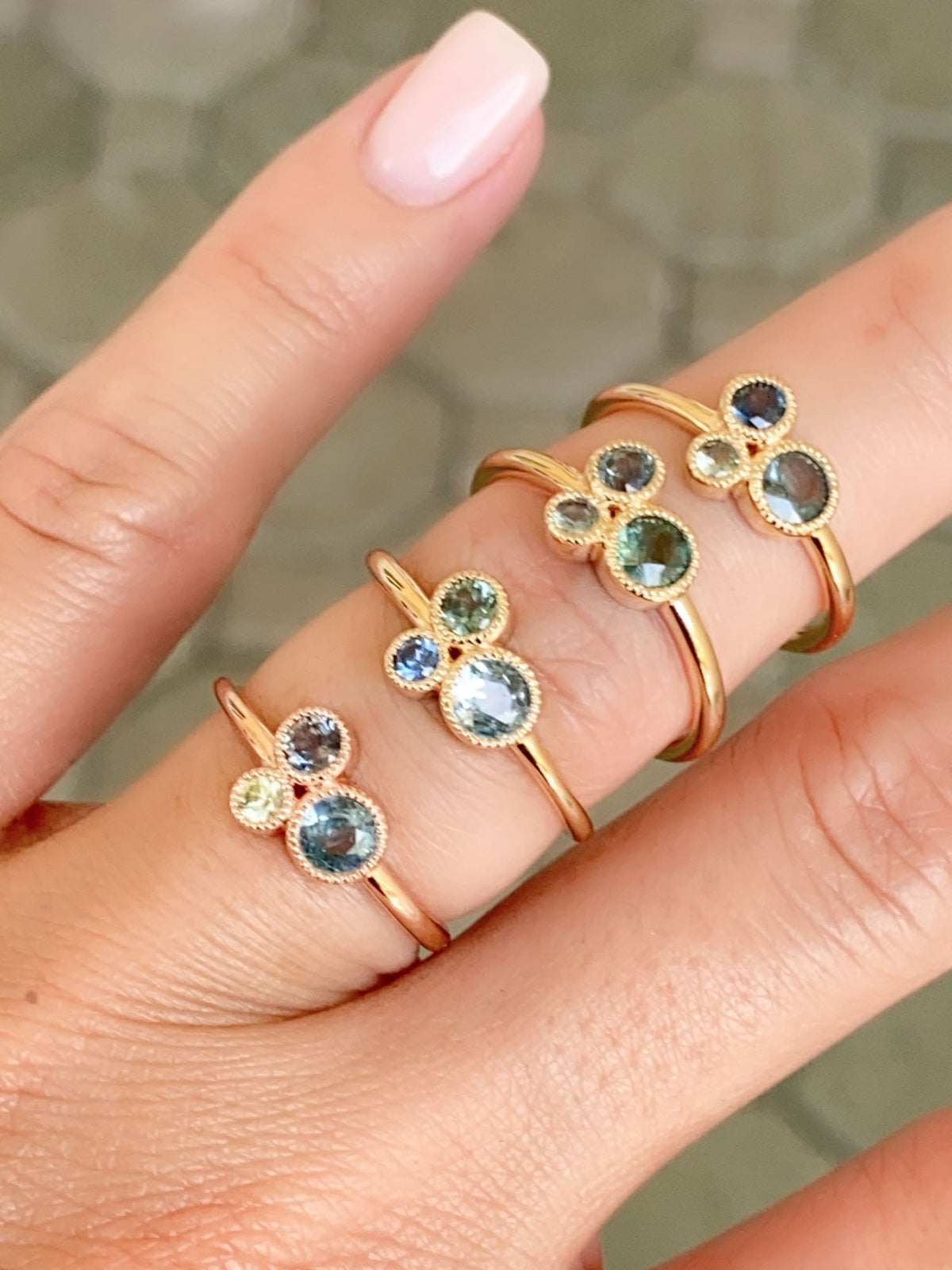Trio Montana Sapphires Milgrain Bezel Set Stacking Ring 14K Gold R6591 Aurora Designer