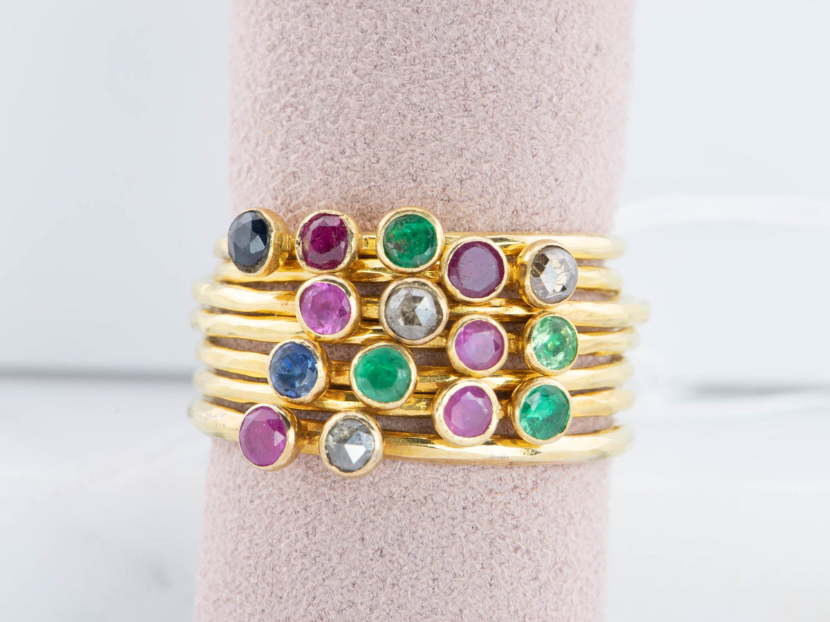 18K Gold Bezel Set Dainty Stacking Band Ruby Emerald Sapphire Diamond R6592 Aurora Designer