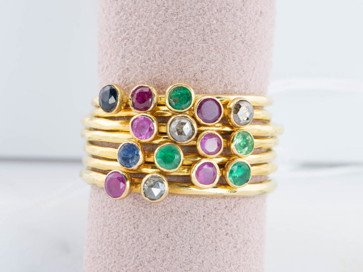 18K Gold Bezel Set Dainty Stacking Band Ruby Emerald Sapphire Diamond R6592 Aurora Designer