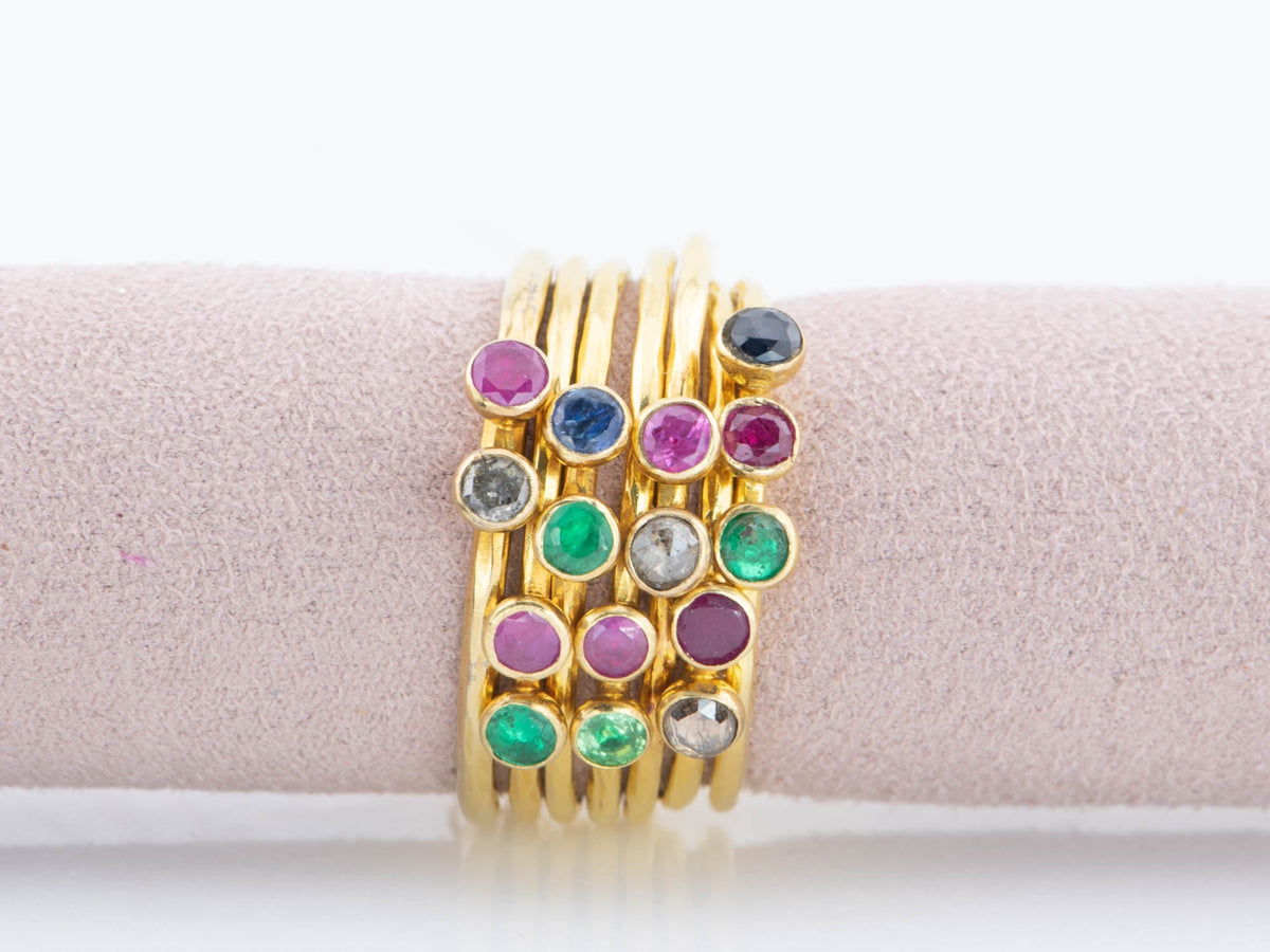 18K Gold Bezel Set Dainty Stacking Band Ruby Emerald Sapphire Diamond R6592 Aurora Designer