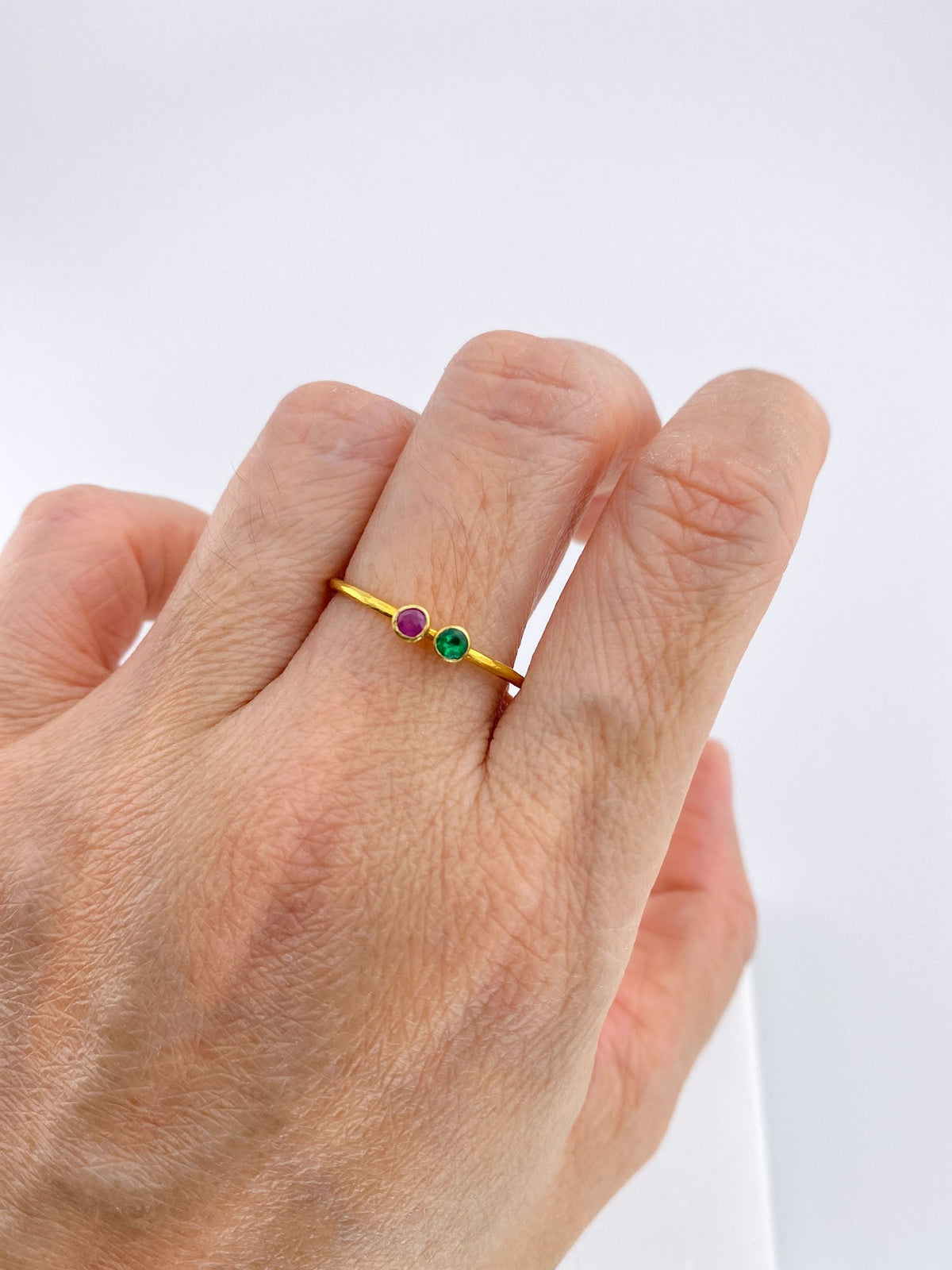 18K Gold Bezel Set Dainty Stacking Band Ruby Emerald Sapphire Diamond R6592 Aurora Designer
