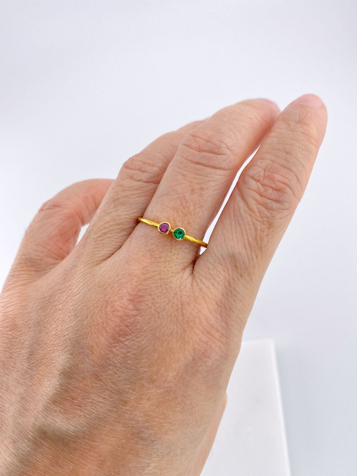 18K Gold Bezel Set Dainty Stacking Band Ruby Emerald Sapphire Diamond R6592 Aurora Designer