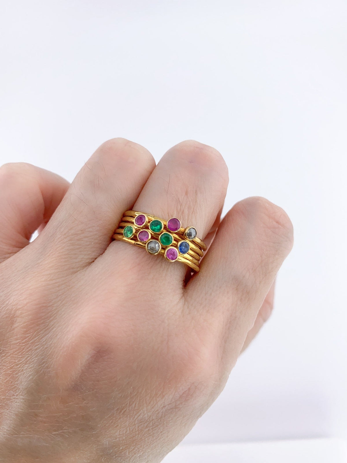 18K Gold Bezel Set Dainty Stacking Band Ruby Emerald Sapphire Diamond R6592 Aurora Designer