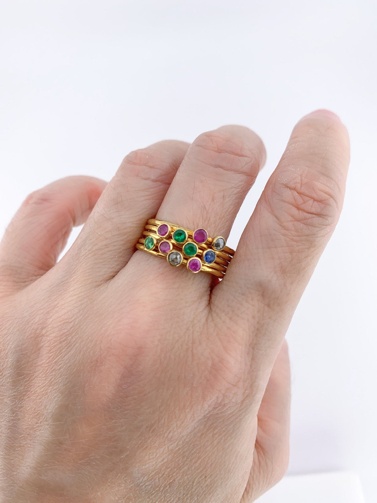 18K Gold Bezel Set Dainty Stacking Band Ruby Emerald Sapphire Diamond R6592 Aurora Designer