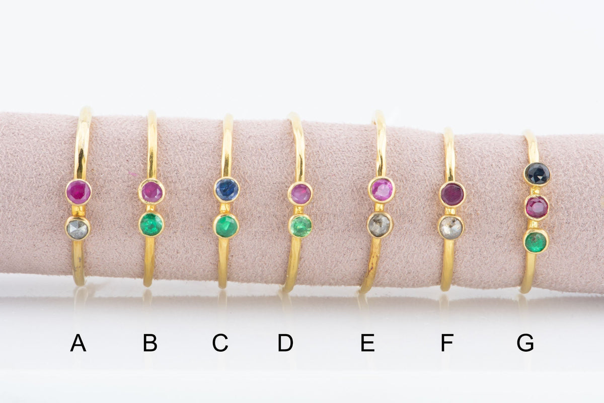 18K Gold Bezel Set Dainty Stacking Band Ruby Emerald Sapphire Diamond R6592 Aurora Designer