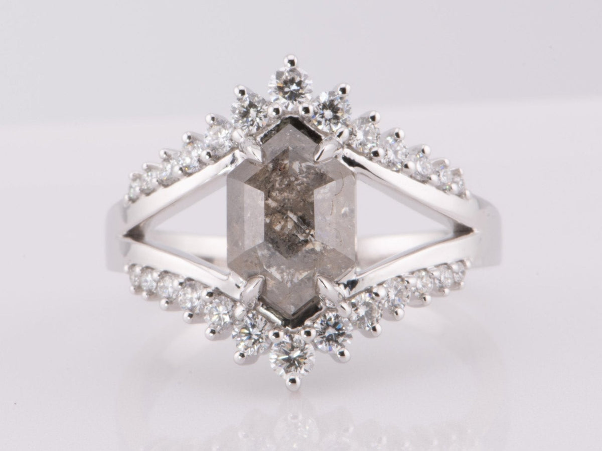 2.34ct Hexagon Salt and Pepper Diamond Engagement Ring 14K White Gold R6595 Aurora Designer