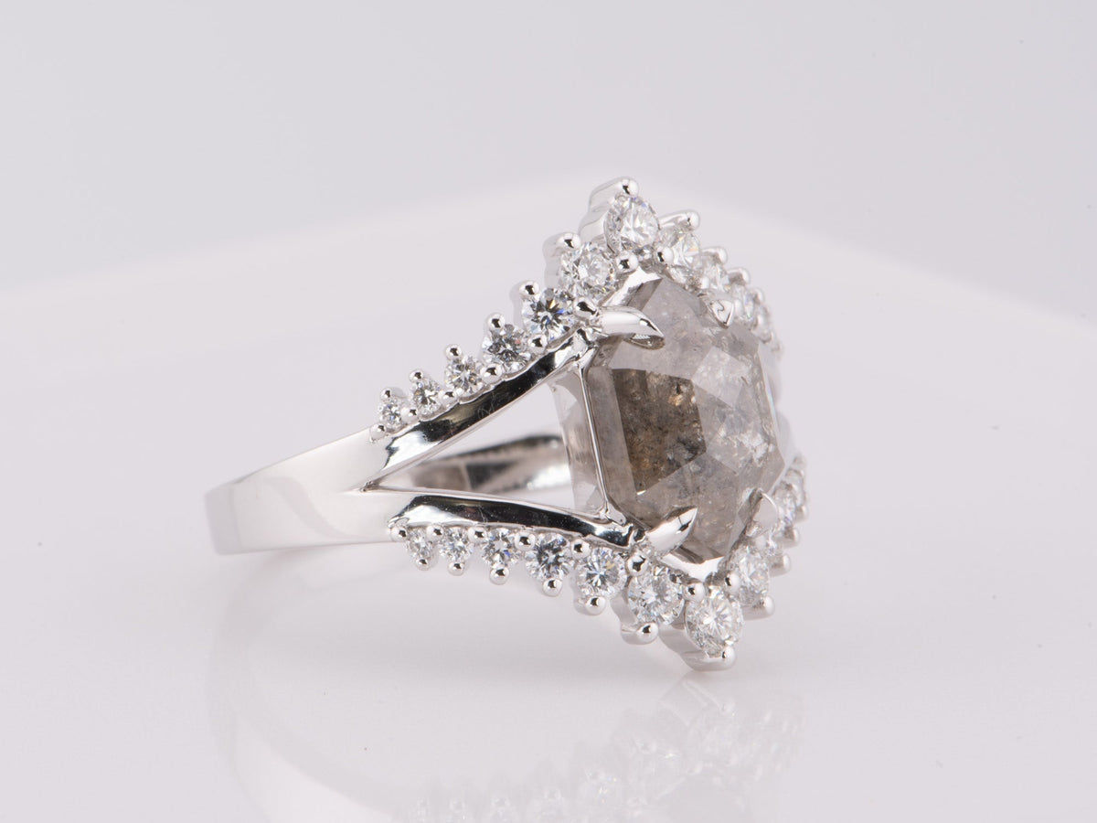 2.34ct Hexagon Salt and Pepper Diamond Engagement Ring 14K White Gold R6595 Aurora Designer