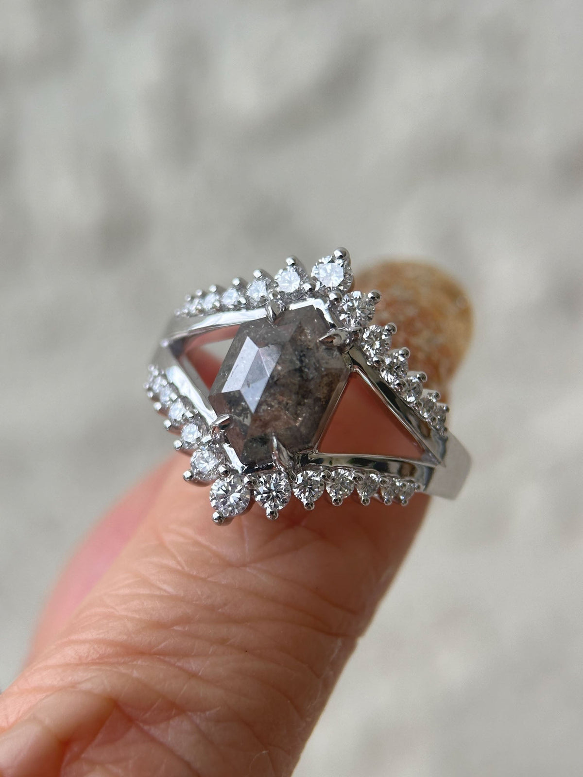 2.34ct Hexagon Salt and Pepper Diamond Engagement Ring 14K White Gold R6595 Aurora Designer