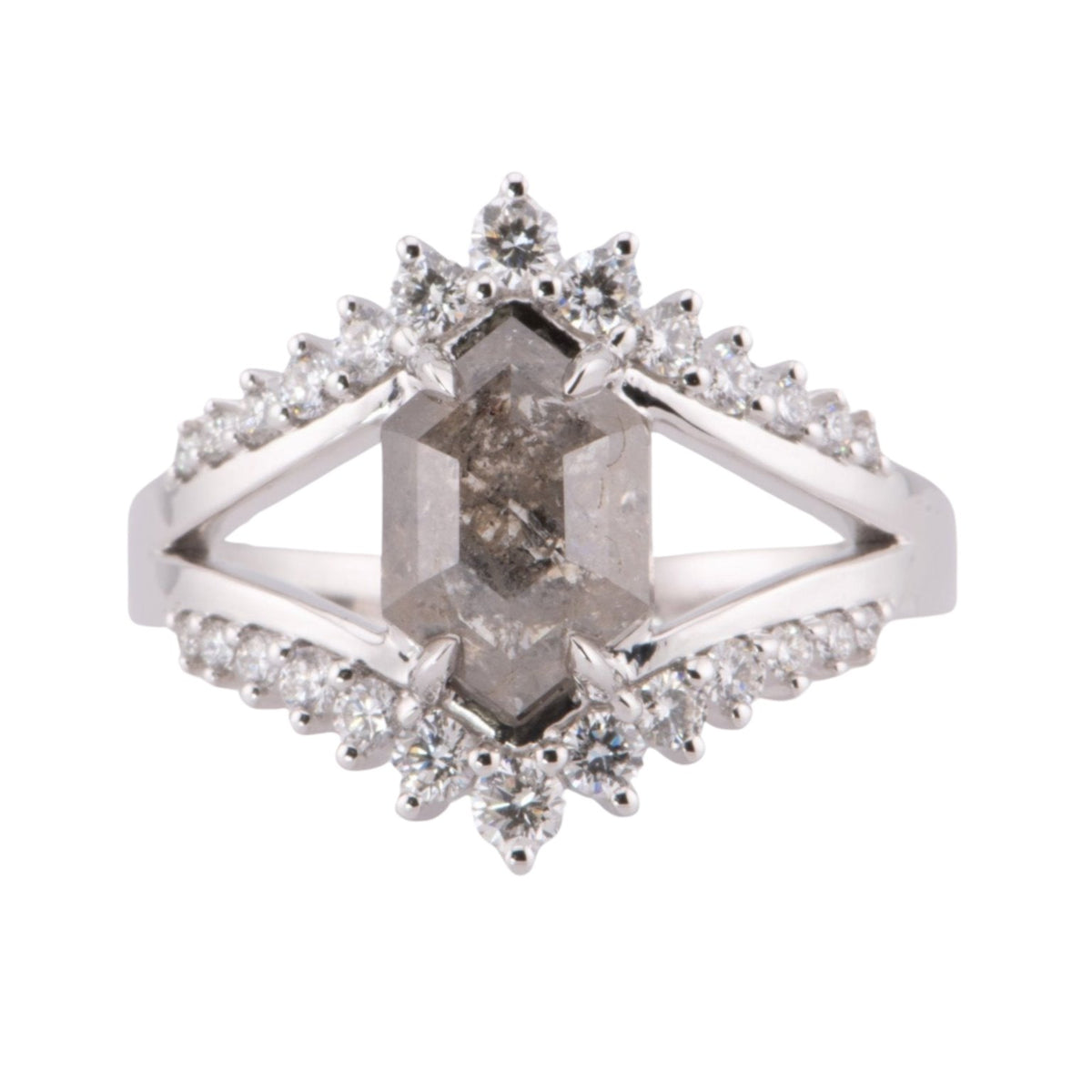 2.34ct Hexagon Salt and Pepper Diamond Engagement Ring 14K White Gold R6595 Aurora Designer