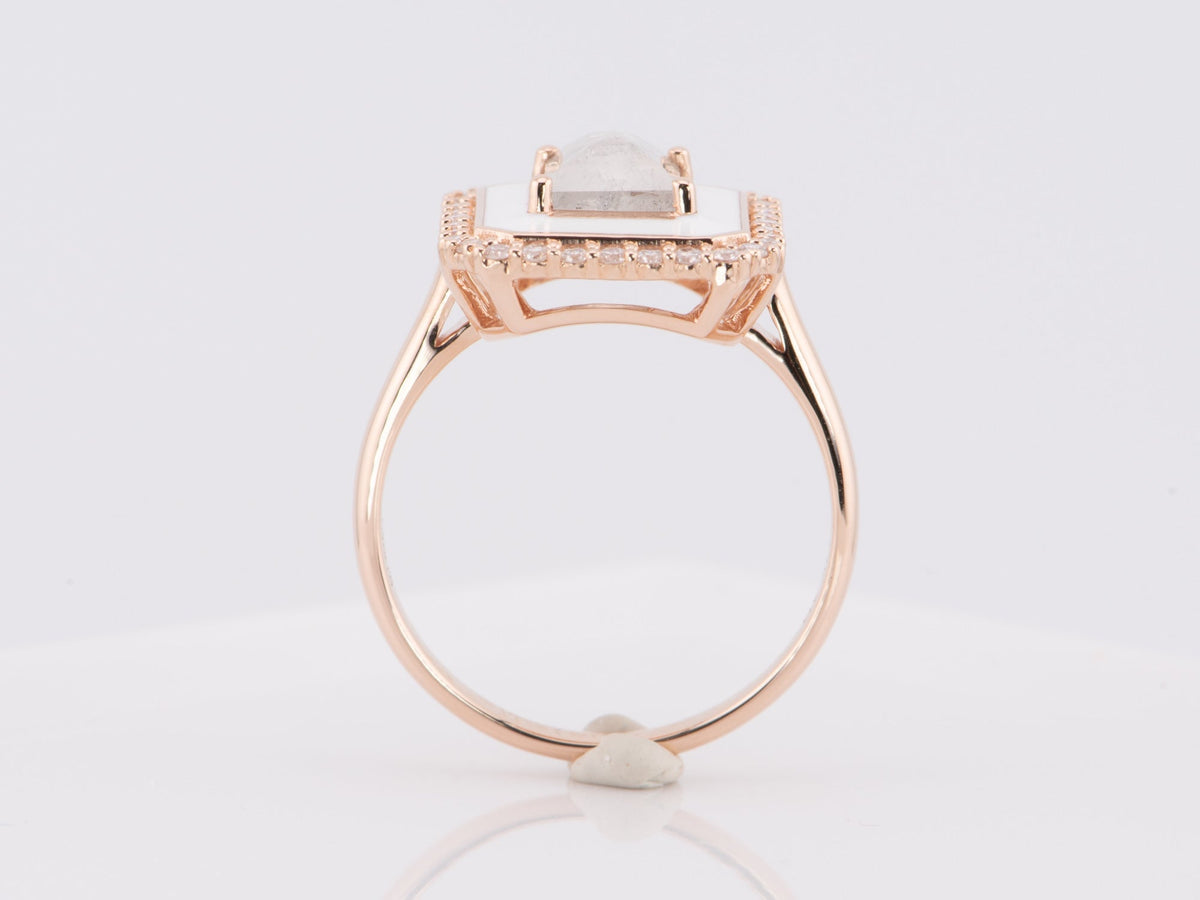 1.01ct Icy Gray Diamond with White Enamel Halo and Outer Diamonds Engagement Ring 14K Rose Gold R6596 Aurora Designer