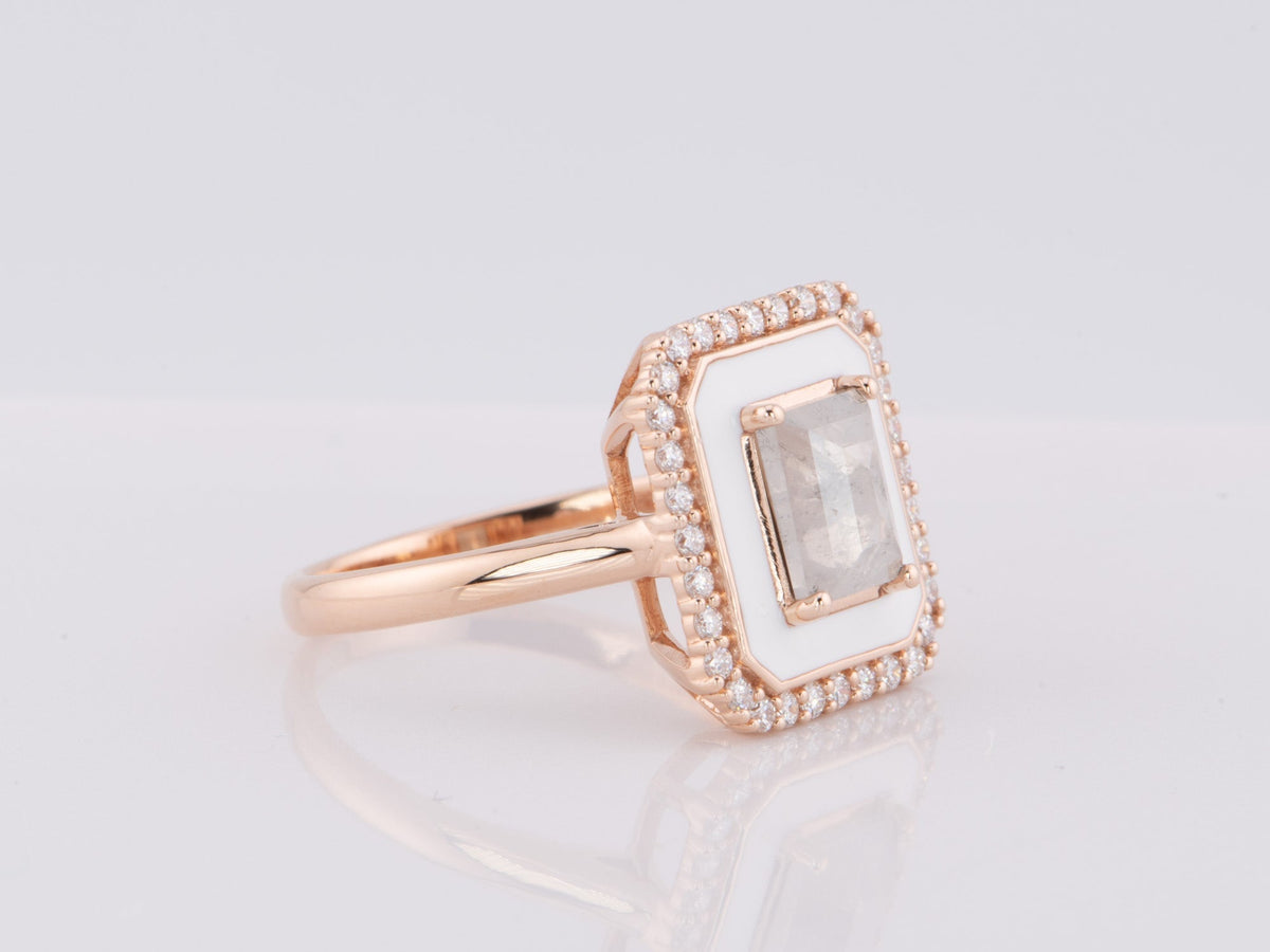 1.01ct Icy Gray Diamond with White Enamel Halo and Outer Diamonds Engagement Ring 14K Rose Gold R6596 Aurora Designer